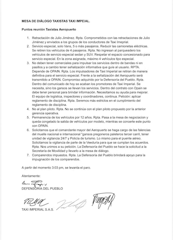 Estos son los acuerdos que derivaron de la mesa de diálogos entre Taxi Imperial y los conductores - crédito Taxi Imperial S.A.S