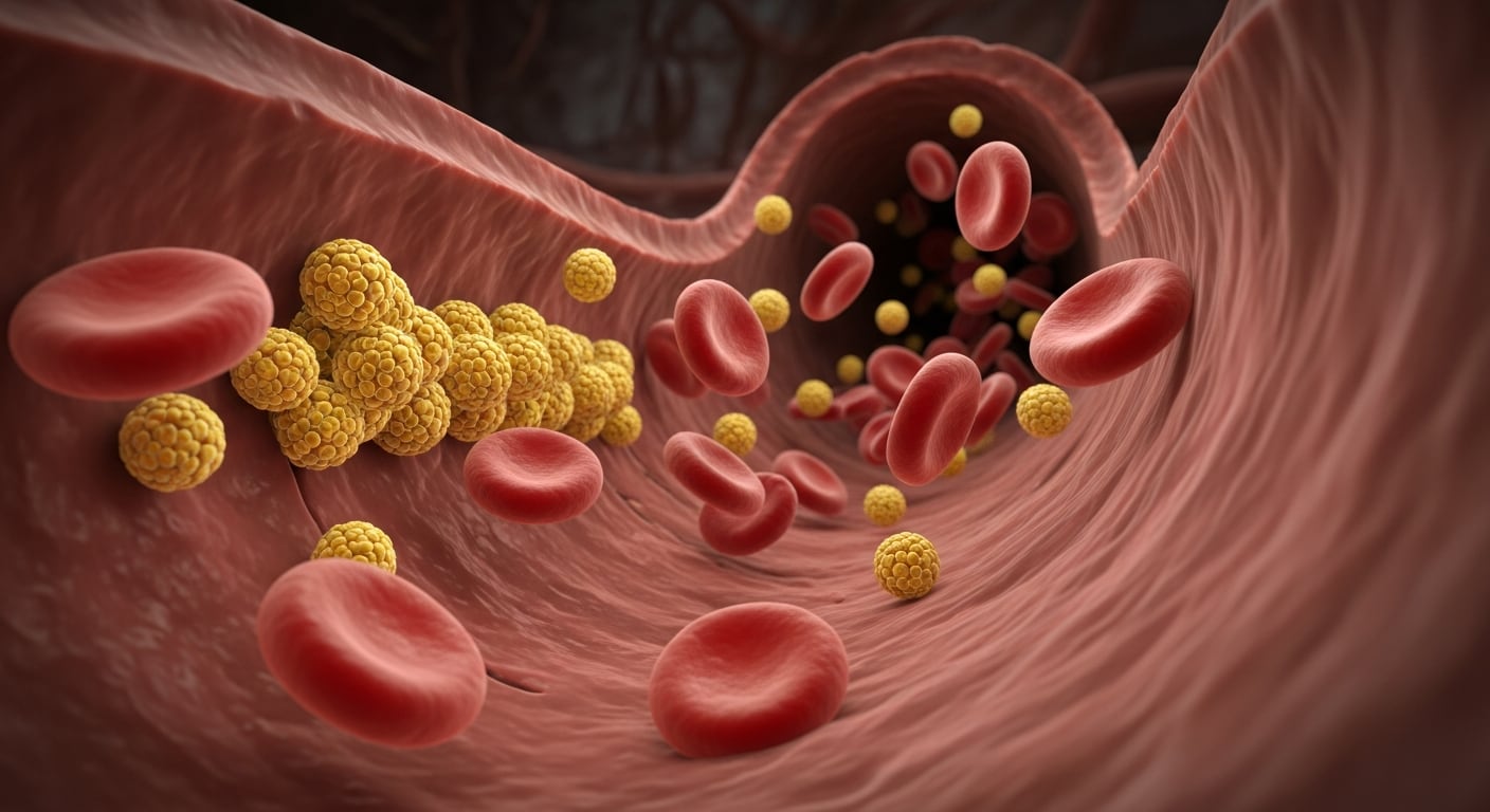 Imagen digital ilustrativa que muestra una arteria humana con glóbulos rojos y partículas de colesterol en circulación. Este tipo de representación ayuda a comprender cómo los niveles elevados de colesterol pueden afectar la salud cardiovascular y aumentar el riesgo de enfermedades cardíacas. (Imagen Ilustrativa Infobae)