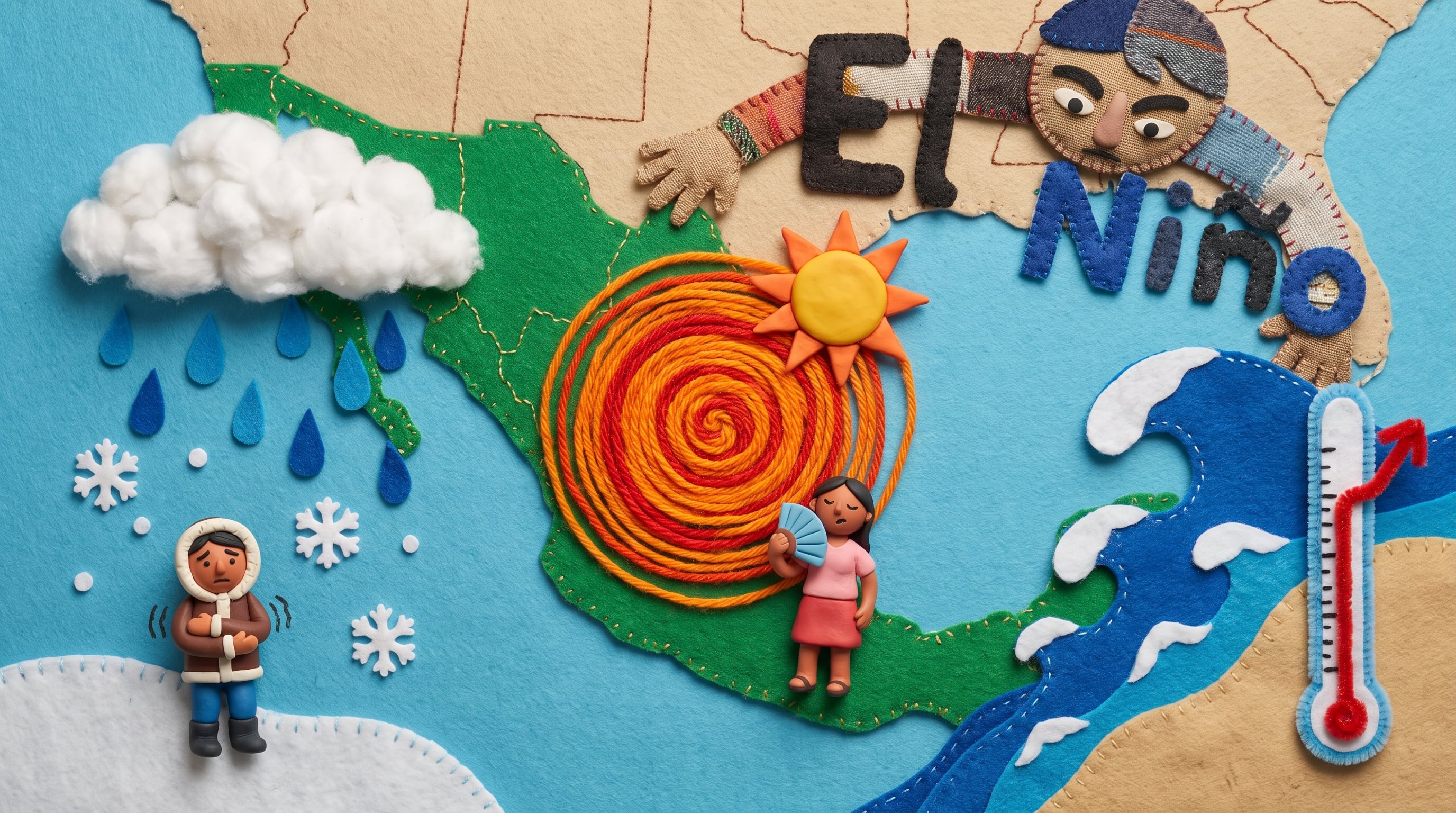 Una ilustración con un mapa de México y figuras de plastilina muestra los cambios climáticos extremos que causa el fenómeno El Niño, incluyendo lluvias, frentes fríos y olas de calor. (Imagen Ilustrativa Infobae)