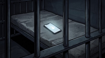 Barrotes de celda, una cama con colchón y un teléfono móvil con pantalla encendida que muestra el icono de un perfil.