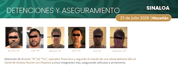 Esta mañana, Omar García Harfuch anunció la detención de "El Tío" y de 5 personas más el 25 de julio en Mazatlán. (Crédito: Gabinete de Seguridad)