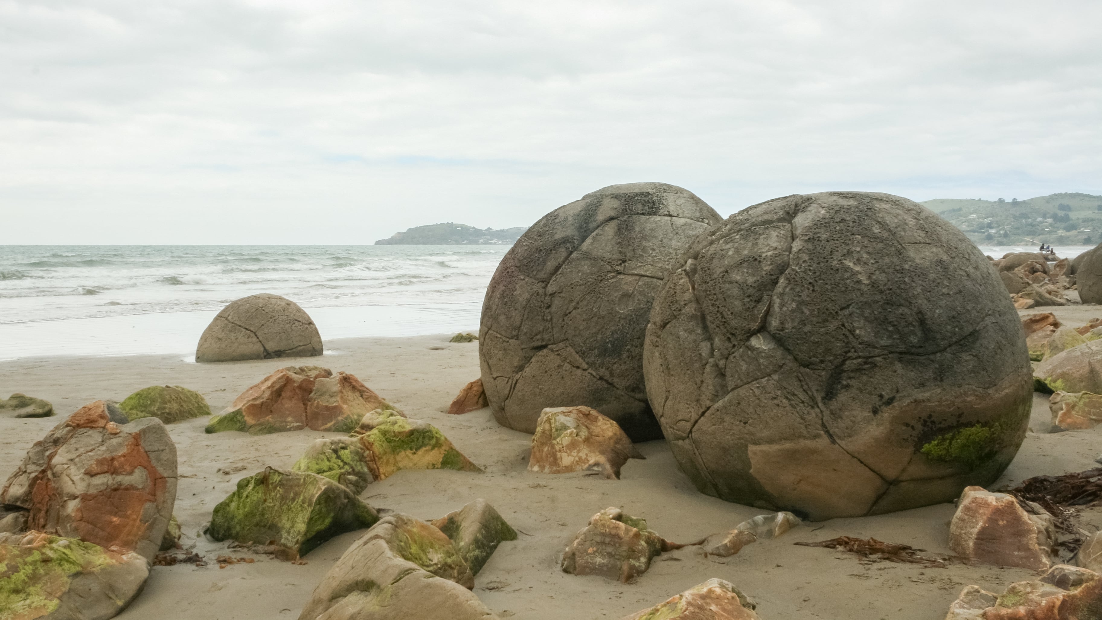 Las rocas de Moeraki, en Nueva Zelanda, adquirieron su forma esférica por el endurecimiento de la lutita durante unos cinco millones de años (Wikimedia Commons)