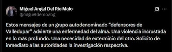 Mensaje difundido por el abogado Miguel Ángel Del Río Malo, en el que presenta capturas del grupo “Defensores de Valledupar” y solicita a las autoridades abrir una investigación por el contenido de las conversaciones - crédito Miguel Ángel del Río/X