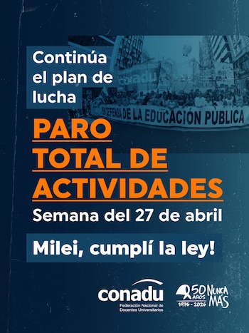 Póster digital azul y oscuro anunciando un paro total de actividades. Contiene texto en blanco y naranja, y una imagen de una protesta callejera con una pancarta