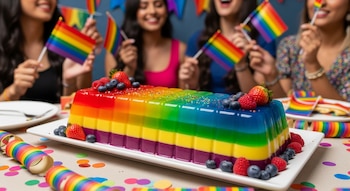 Gelatina rectangular de capas arcoíris con fresas, arándanos, frambuesas y grageas. Personas borrosas con banderas arcoíris y confeti en la mesa.