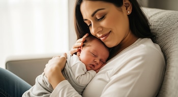 Primer plano de una mujer con cabello oscuro y sonrisa suave, sosteniendo a un bebé recién nacido que duerme profundamente, apoyado en su pecho.