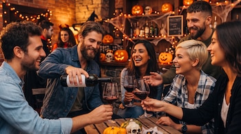 Hombres y mujeres reunidos alrededor de una mesa de madera con copas de vino tinto y adornos de Halloween iluminados en el fondo.