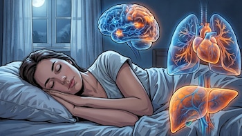Ilustración de una mujer durmiendo en una cama por la noche, con un cerebro, pulmones, corazón e hígado translúcidos y brillantes flotando sobre ella.