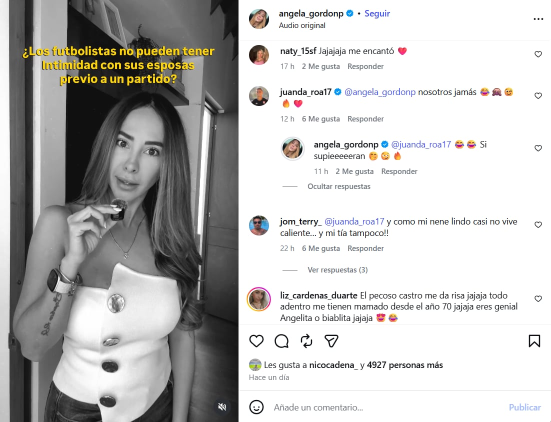 La publicación de Ángela Gordón, pareja del exfutbolista de Santa Fe, Juan Daniel Roa, sobre la intimidad de los futbolistas durante la concentración de los jugadores profesionales - crédito @angela_gordonp/Instagram