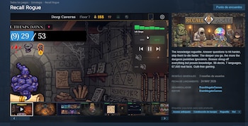 Pantalla de 'Recall Rogue' con personaje morado en mazmorra, UI y panel de audio. A la derecha, logo y texto descriptivo del juego