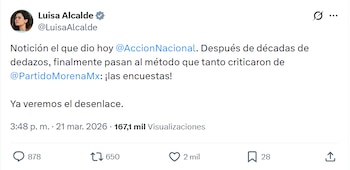 A través de su cuenta de X, la presidenta nacional de Morena señaló la contradicción de Acción Nacional. (Crédito: X / @LuisaAlcalde)