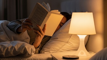 Una persona yace en la cama, cubierto por un edredón blanco, leyendo un libro abierto bajo la luz cálida de una lámpara de noche sobre la mesita.