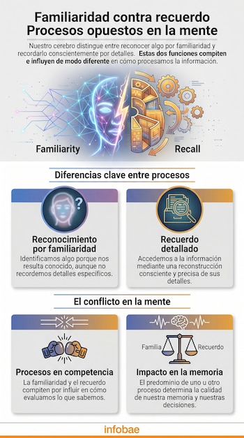 Infografía explicando familiaridad vs recuerdo con gráficos de una cabeza dividida, iconos de procesos cognitivos y símbolos de conflicto y equilibrio.