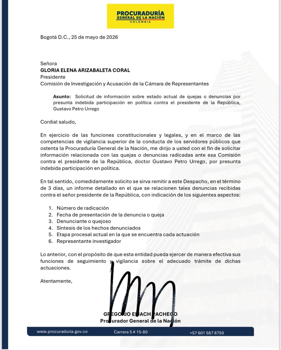 El requerimiento, firmado por el procurador Gregorio Eljach y dirigido a la presidenta de la Comisión, Gloria Elena Arizabaleta, fue enviado el 25 de mayo de 2026 - crédito suministrada