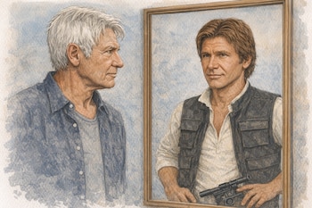 Ilustración de acuarela: hombre mayor de pelo gris mira retrato enmarcado de hombre joven con pelo castaño, chaleco oscuro y bláster.