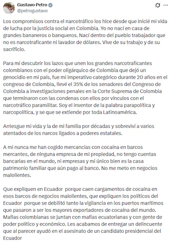 El jefe de Estado exigió al vecino país que responda por la falta de vigilancia en puertos marítimos de la zona - crédito @petrogustavo/X