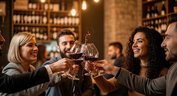 Cuatro personas, dos hombres y dos mujeres, brindan con copas de vino tinto. Se ven salpicaduras de vino. Fondo de estantes con botellas.