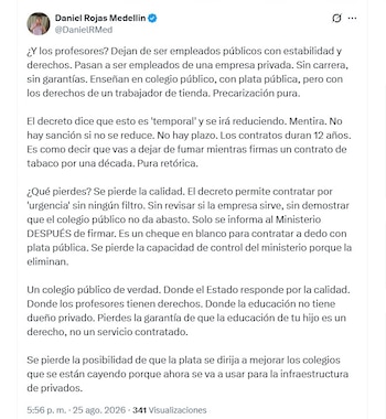 Según Rojas, el esquema podría modificar las condiciones laborales de los profesores vinculados a instituciones cuya administración sea entregada a terceros - crédito @DanielRMed/X