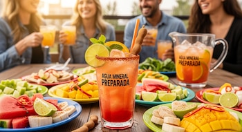 Vaso de Agua Mineral Preparada con chile, limón, naranja y tamarindo, rodeado de platos de sandía, mango y otras frutas. Cuatro personas ríen.
