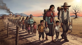 Ilustración de una larga fila de personas, incluyendo familias con niños, caminando por un camino de tierra junto a una valla. Al fondo, casas arden con humo.