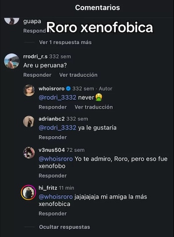 Captura de pantalla de comentarios en redes sociales. Usuario pregunta "¿Are u peruana?". Roro responde "never". Otros usuarios mencionan xenofobia