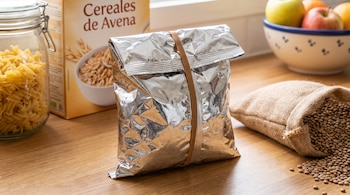 Una bolsa metálica sujeta con una banda elástica se encuentra junto a un frasco con pasta, una caja de avena y un saco con lentejas.
