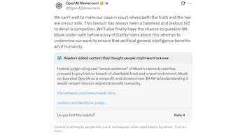 Captura de pantalla de una publicación de OpenAI Newsroom en X, mostrando texto sobre una demanda y un cuadro de contexto adicional de lectores