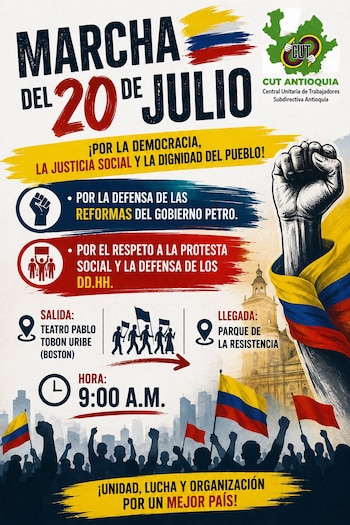 La CUT informó que aún no definió el lugar ni la hora de la concentración en Bogotá, mientras que en Medellín la marcha saldrá a las 9 desde el Teatro Pablo Tobón Uribe hacia el Parque de la Resistencia - crédito CUT/X