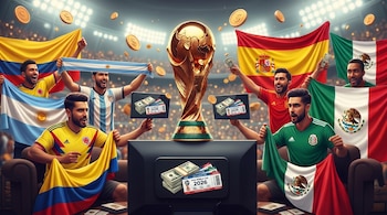 Hombres celebran con banderas de Colombia, Argentina, España y México. Se observa la Copa Mundial, billetes de dólar y boletos para el Mundial 2026 en un estadio.