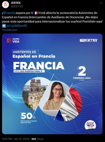 Francia abre convocatoria para colombianos
