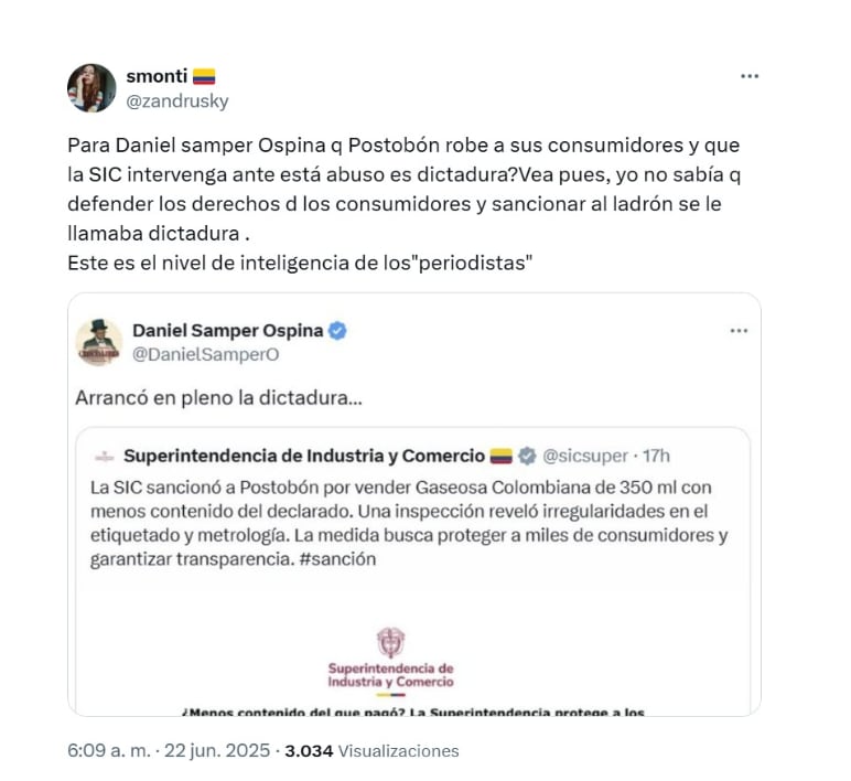 Reacciones en redes tras comentario de Daniel Samper por sanción de la SIC a Postobón - crédito @zandrusky/X