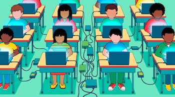 Ilustración digital pixelada de un aula con estudiantes de diversas etnias en pupitres, mirando laptops. Pantallas iluminan rostros, cables conectan dispositivos.