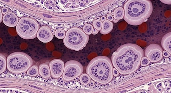 Micrografía de tejido biológico mostrando el interior de una vena de ratón con glóbulos rojos en el centro, rodeados por células púrpuras y rosas.