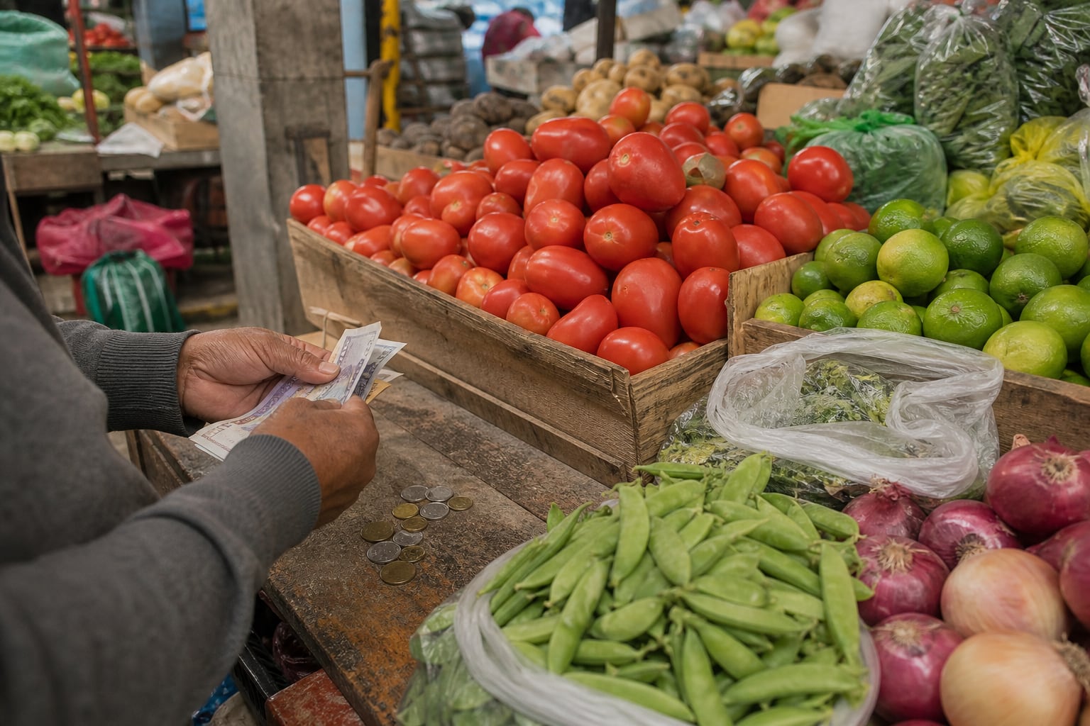 Un comprador cuenta billetes y monedas para pagar verduras en un puesto de mercado tradicional de Lima. (Imagen Ilustrativa Infobae)