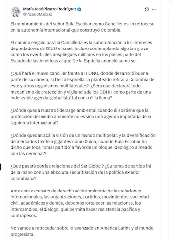 La congresista María José Pizarro Rodríguez calificó como un retroceso en la autonomía internacional el nombramiento de Omar Bula Escobar como ministro de Relaciones Exteriores - crédito @PizarroMariaJo/X