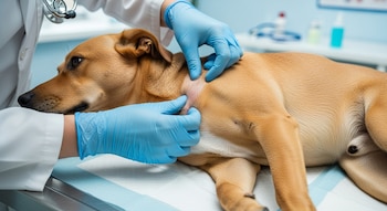 Primer plano de manos enguantadas de un veterinario inspeccionando la piel en el costado de un perro marrón claro recostado sobre una alfombra de examen.