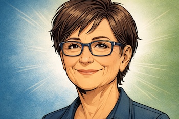 Ilustración de busto de mujer con cabello castaño corto, gafas de montura azul, camisa azul oscuro y sonrisa. Fondo degradado azul y verde con líneas radiales.