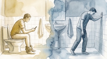 Ilustración de acuarela con un hombre en un baño. A la izquierda, sentado en el inodoro con un teléfono; a la derecha, de pie apoyado en la pared con mareo.