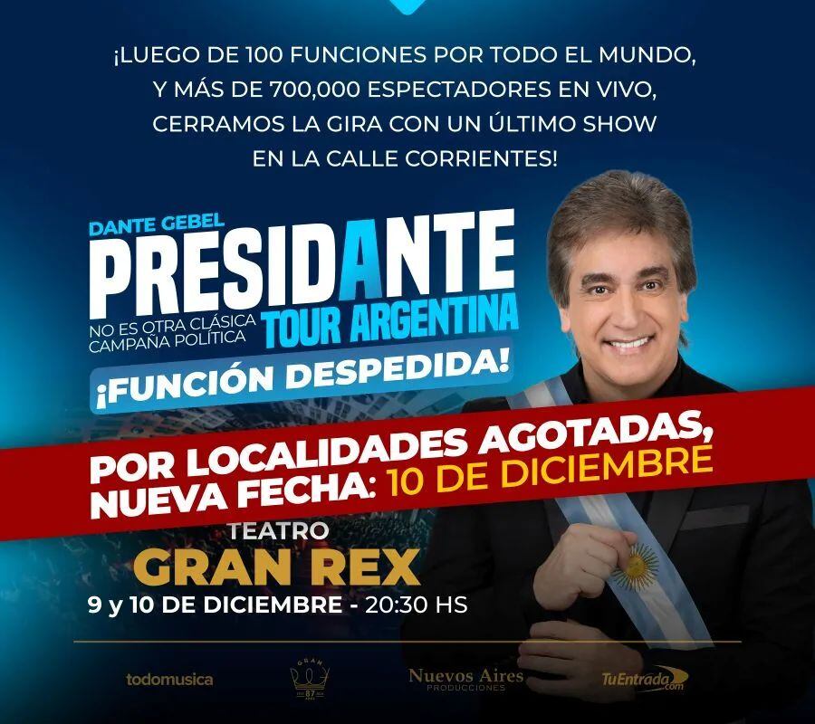 Publicidad del espectáculo de Dante Gebel, que finalizará con dos funciones porteñas