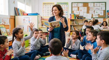 Una maestra sostiene un libro abierto ante varios niños sentados en la alfombra de un aula decorada con carteles del abecedario y estantes.