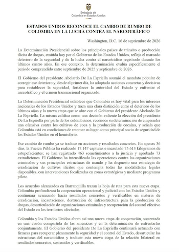 La Embajada de Colombia en Washington afirmó que Estados Unidos considera al país vital para sus intereses nacionales y distinguió la etapa iniciada por el gobierno De La Espriella en la lucha contra el narcotráfico - crédito Embajada de Colombia en Estados Unidos/X
