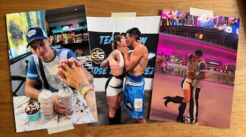 Tres fotografías impresas fijadas con cinta adhesiva sobre una superficie de madera presentan a un hombre y a una mujer en tres momentos.