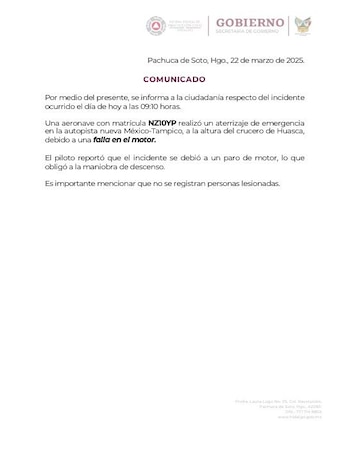 Comunicado sobre la avioneta que