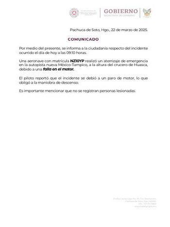 Comunicado sobre la avioneta que