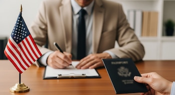 Plano medio corto de un escritorio de madera. Una mano sostiene un pasaporte de EE.UU. en primer plano. Al fondo, un funcionario firma documentos. Hay una bandera de Estados Unidos.