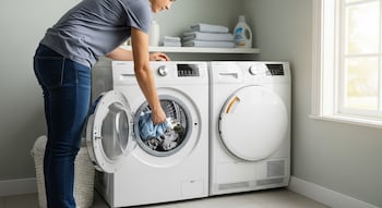 Carga completa de ropa en lavadora ajustando el nivel de agua al volumen
