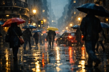 Siluetas de peatones con paraguas de colores bajo lluvia intensa en una calle de ciudad, con autos, faroles y edificios al fondo. El asfalto está mojado.