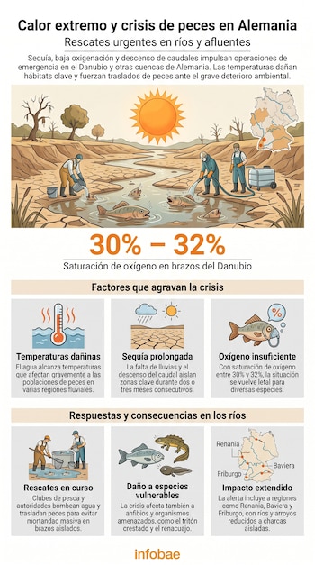 Infografía. Ilustración de un paisaje desértico con río casi seco, dos hombres rescatando peces, sol, mapa de Alemania y gráficos explicativos.
