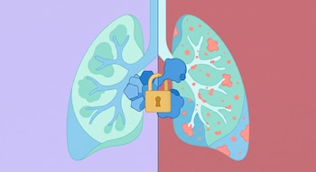 Ilustración de unos pulmones con un candado en el centro, donde un lado es celeste y el otro tiene manchas naranjas