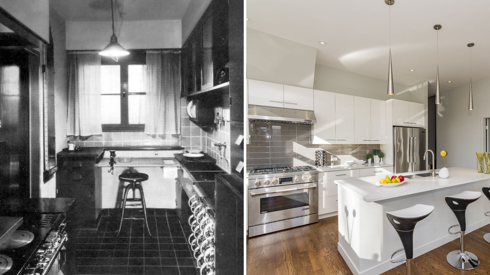 A la izquierda, la cocina de Frankfurt, un diseño de 1926 creado por la arquitecta austriaca Margarete Schütte-Lihotzky; a la derecha, una cocina actual. (Montaje Infobae)